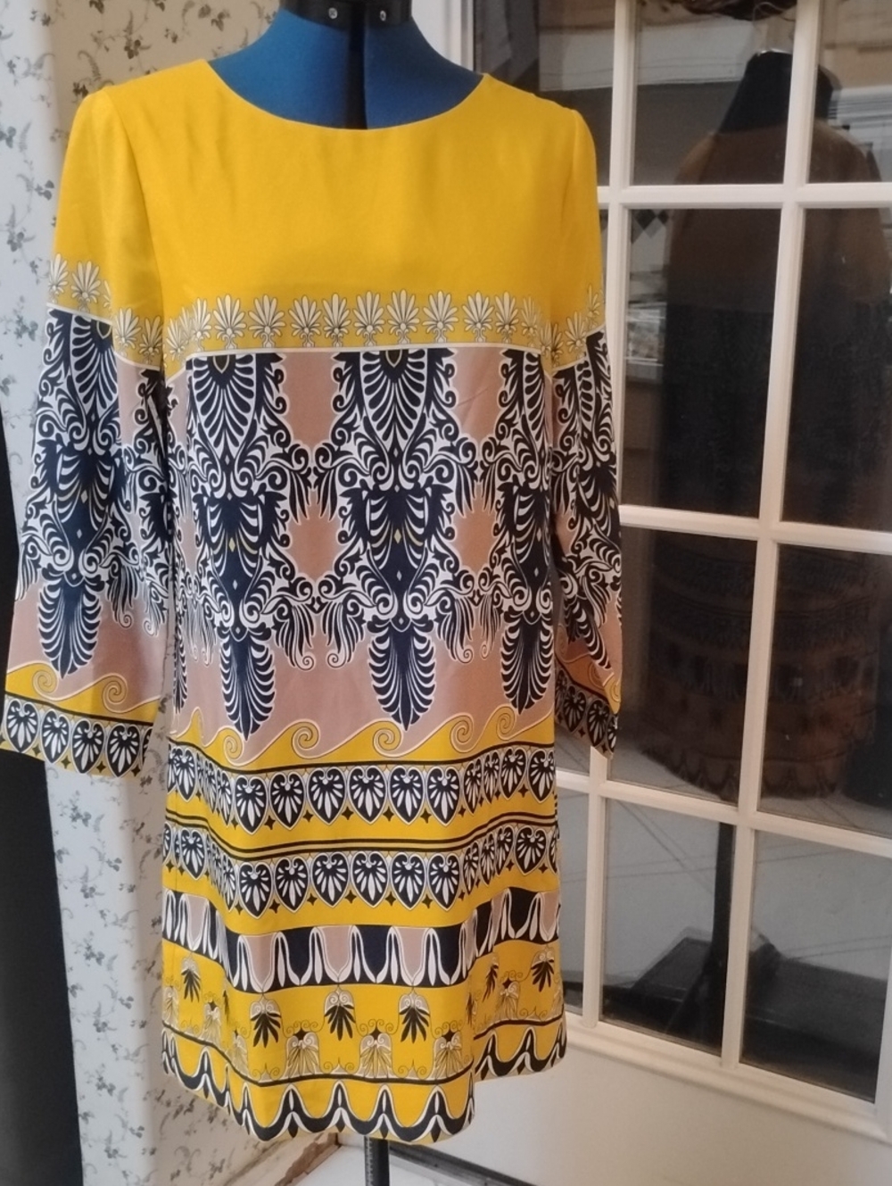 J. Crew Yellow, Blue, Mauve And Yellow Long-Sleeve Printed Shift Dress